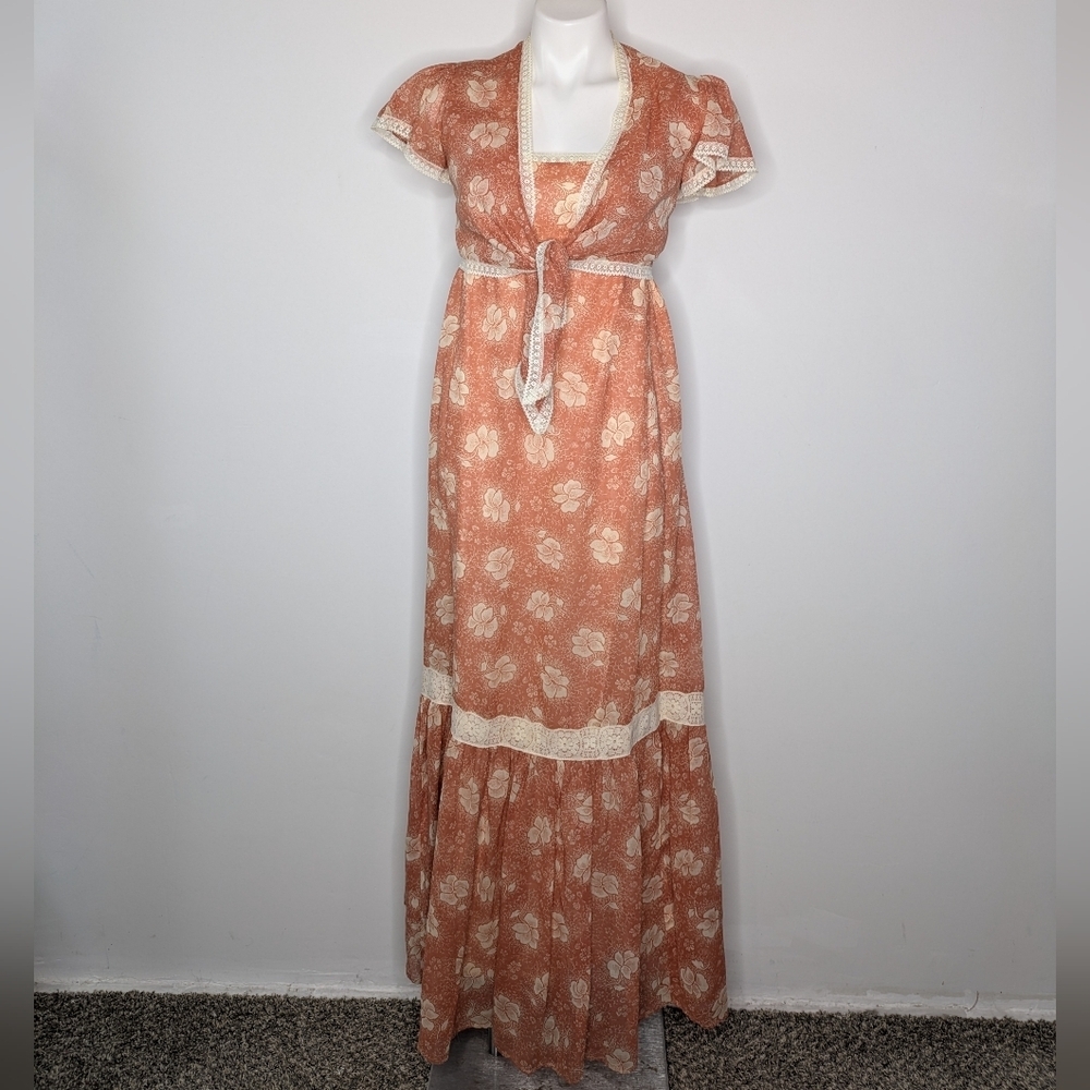 Vintage Jack Kramer Brown Cream Floral Lace Trim Maxi Dress & Cover XS